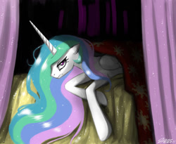 Size: 1200x982 | Tagged: safe, artist:johnjoseco, character:princess celestia, species:alicorn, species:pony, bed, bed mane, blanket, female, grumpy, mare, morning ponies, photoshop, signature, solo