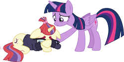 Size: 6021x3001 | Tagged: safe, artist:cloudyglow, character:moondancer, character:twilight sparkle, character:twilight sparkle (alicorn), species:alicorn, species:pony, species:unicorn, episode:amending fences, g4, my little pony: friendship is magic, .ai available, absurd resolution, clothing, comforting, duo, female, floppy ears, mare, prone, sad, simple background, sweater, transparent background, vector