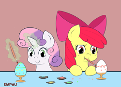 Size: 921x667 | Tagged: safe, artist:empyu, character:apple bloom, character:sweetie belle, species:earth pony, species:pony, species:unicorn, duo, easter, easter egg, egg, female, filly, glowing horn, magic, mouth hold, paint, painting, simple background, smiling