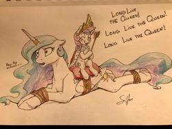 Size: 1280x960 | Tagged: safe, artist:silfoe, character:princess celestia, character:sweetie belle, species:alicorn, species:pony, species:unicorn, royal sketchbook, accessory theft, blushing, bondage, bound wings, cape, clothing, cute, dialogue, diasweetes, female, filly, floppy ears, horn ring, how did it come to this, magic suppression, mare, missing accessory, open mouth, princess sweetie belle, prone, rope, saddle, scepter, tack, tied up, traditional art, twilight scepter, unsexy bondage, usurpation, wide eyes