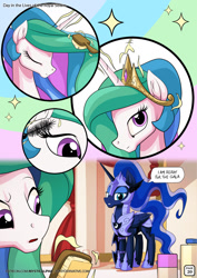Size: 955x1351 | Tagged: safe, artist:mysticalpha, character:princess celestia, character:princess luna, species:alicorn, species:pony, comic:day in the lives of the royal sisters, armor, comic, crown, dialogue, duo, eyelashes, eyes closed, female, hairbrush, helmet, horseshoes, jewelry, magic, mare, peytral, regalia, royal sisters, speech bubble