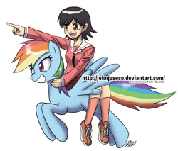 Size: 900x766 | Tagged: safe, artist:johnjoseco, character:rainbow dash, species:pegasus, species:pony, g4, azumanga daioh, crossover, female, humans riding ponies, mare, photoshop, pointing, riding, simple background, takino tomo, watermark, white background