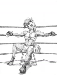 Size: 1100x1441 | Tagged: safe, artist:baron engel, character:babs seed, species:anthro, species:earth pony, species:pony, species:unguligrade anthro, abs, armpits, belly button, boxing gloves, boxing ring, boxing shoes, boxing shorts, breasts, clothing, female, freckles, grayscale, mare, midriff, mma gloves, monochrome, muscles, muscular female, older, pencil drawing, shoes, shorts, simple background, sketch, solo, sparring, sports bra, sports shoes, sports shorts, traditional art, training, water bottle, white background