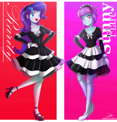 Size: 2004x2096 | Tagged: safe, artist:the-butch-x, character:rarity, character:sunny flare, my little pony:equestria girls, clothing, commission, cute, female, hand on hip, high heels, latex, looking at you, maid, matching outfits, open mouth, raised leg, shoes