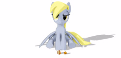 Size: 3250x1560 | Tagged: safe, artist:laughingvexxo, artist:pabbley, character:derpy hooves, species:pegasus, species:pony, 3d, 3d model, downloadable, female, food, frown, hips, mare, mmd, muffin, pose, simple background, sitting, solo, white background