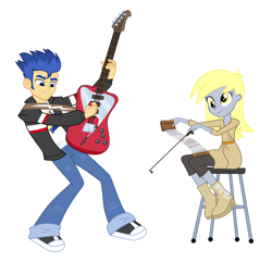 Size: 701x676 | Tagged: safe, artist:cloudyglow, artist:mpnoir, edit, character:derpy hooves, character:flash sentry, my little pony:equestria girls, best friends, electric guitar, guitar, musical instrument, musical saw