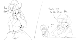 Size: 1229x649 | Tagged: safe, artist:sundown, character:applejack, character:rarity, species:human, applebucking thighs, applebutt, bashful, blushing, breasts, cleavage, drinking, embarrassed, female, horned humanization, humanized, monochrome, mug, the ass was fat, thick, vulgar, wide hips