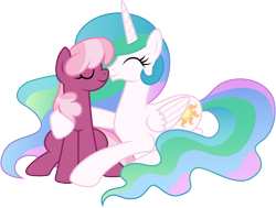Size: 1326x1001 | Tagged: safe, artist:cloudyglow, character:cheerilee, character:princess celestia, species:alicorn, species:earth pony, species:pony, ship:cheerilestia, boop, crack shipping, crown, duo, eyes closed, female, jewelry, lesbian, mare, noseboop, regalia, shipping, simple background, smiling, transparent background, voice actor joke