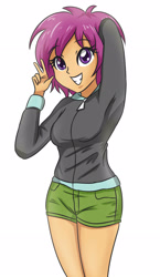 Size: 2007x3472 | Tagged: safe, artist:sumin6301, character:scootaloo, species:pegasus, species:pony, my little pony:equestria girls, clothing, female, grin, looking at you, older, shorts, simple background, smiling, solo, white background