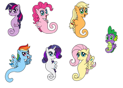 Size: 1280x911 | Tagged: safe, artist:aleximusprime, character:applejack, character:fluttershy, character:pinkie pie, character:rainbow dash, character:rarity, character:spike, character:twilight sparkle, species:sea pony, hilarious in hindsight, mane seven, mane six, my little x, sea dragon, sea dragon spike, seahorse, seaponified, seapony applejack, seapony fluttershy, seapony pinkie pie, seapony rainbow dash, seapony rarity, seapony twilight, simple background, species swap, transparent background