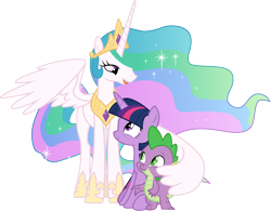 Size: 3841x3001 | Tagged: safe, artist:cloudyglow, character:princess celestia, character:spike, character:twilight sparkle, character:twilight sparkle (alicorn), species:alicorn, species:dragon, species:pony, episode:celestial advice, g4, my little pony: friendship is magic, female, mare, momlestia, simple background, smiling, transparent background, trio, vector