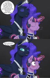 Size: 1280x1980 | Tagged: safe, artist:silfoe, character:nightmare moon, character:princess luna, character:twilight sparkle, character:twilight sparkle (unicorn), species:pony, ship:twimoon, alternate timeline, blushing, clothing, eyes on the prize, female, gray background, lesbian, moonsetmlp, scrunchy face, shipping, simple background, uniform