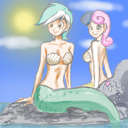 Size: 500x500 | Tagged: safe, artist:johnjoseco, artist:redge, edit, character:bon bon, character:lyra heartstrings, character:sweetie drops, belly button, cleavage, color edit, colored, female, mermaid, mermaidized, seapony bon bon, seapony lyra, seashell, seashell bra, species swap