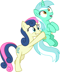 Size: 3001x3558 | Tagged: safe, artist:cloudyglow, artist:parclytaxel, artist:zutheskunk edits, character:bon bon, character:lyra heartstrings, character:sweetie drops, species:earth pony, species:pony, species:unicorn, ship:lyrabon, episode:rock solid friendship, g4, my little pony: friendship is magic, carrying, female, high res, lesbian, mare, shipping, simple background, smiling, transparent background, vector
