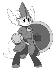 Size: 1280x1623 | Tagged: safe, artist:pabbley, species:pony, armor, bipedal, grayscale, monochrome, ponified, shield, shield knight, shovel knight, simple background, solo, white background