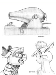 Size: 1100x1465 | Tagged: safe, artist:baron engel, character:apple bloom, oc, oc:stone mane, species:pony, armor, bfg, bow, cannon, colt, floppy ears, grayscale, hair bow, male, monochrome, older, pencil drawing, simple background, size difference, story included, traditional art, white background