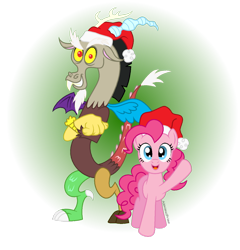 Size: 1024x1067 | Tagged: safe, artist:aleximusprime, character:discord, character:pinkie pie, christmas, clothing, crossed arms, hat, santa hat, simple background, transparent background, waving