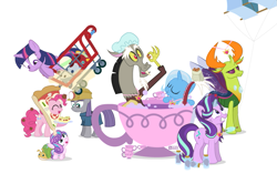 Size: 949x630 | Tagged: safe, artist:dm29, character:discord, character:maud pie, character:pinkie pie, character:princess flurry heart, character:starlight glimmer, character:thorax, character:trixie, character:twilight sparkle, character:twilight sparkle (alicorn), species:alicorn, species:changeling, species:pony, species:reformed changeling, episode:a flurry of emotions, episode:all bottled up, episode:celestial advice, episode:rock solid friendship, g4, my little pony: friendship is magic, anger magic, bottled rage, cinnamon nuts, cup, equestrian pink heart of courage, food, helmet, jalapeno red velvet omelette cupcakes, kite, magic, mining helmet, pizza costume, pizza head, reformed four, shopping cart, simple background, stingbush seed pods, teacup, that pony sure does love kites, that pony sure does love teacups, the meme continues, the story so far of season 7, this isn't even my final form, wall of tags, whammy, white background