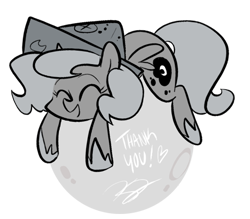 Size: 542x474 | Tagged: safe, artist:egophiliac, character:princess luna, species:pony, moonstuck, cartographer's cap, clothing, eyes closed, female, grayscale, hat, monochrome, moon, simple background, solo, tangible heavenly object, woona
