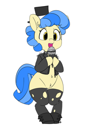 Size: 1280x1661 | Tagged: safe, artist:pabbley, character:sapphire shores, species:pony, belly button, bipedal, boots, clothing, female, hat, jacket, leather jacket, microphone, pubic fluff, singing, solo, stockings, thigh highs, top hat