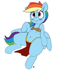 Size: 1280x1526 | Tagged: safe, artist:pabbley, character:rainbow dash, species:pony, belly button, bikini, bikini top, blushing, clothing, costume, female, loincloth, mare, princess leia, pubic fluff, simple background, slave leia outfit, solo, swimsuit, white background