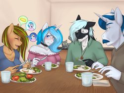 Size: 4000x3000 | Tagged: safe, artist:askbubblelee, oc, oc only, oc:bubble lee, oc:imago, oc:kiwi breeze, oc:mako, oc:silver lining, species:anthro, species:earth pony, species:pegasus, species:pony, species:unicorn, anthro oc, awkward smile, body freckles, cat, clothing, dinner, embarrassed, family, father and daughter, female, food, freckles, hybrid, kiwing, makolee, male, mare, mother and daughter, oc x oc, orca pony, original species, shipping, stallion, story in the source, story included, table
