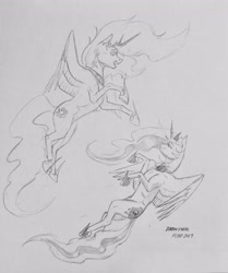 Size: 1714x2048 | Tagged: source needed, useless source url, safe, artist:baron engel, character:princess celestia, character:princess luna, species:alicorn, species:pony, flying, grayscale, monochrome, pencil drawing, royal sisters, simple background, traditional art, white background