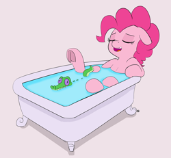 Size: 1280x1185 | Tagged: safe, artist:pabbley, character:gummy, character:pinkie pie, species:earth pony, species:pony, 30 minute art challenge, bath, bathtub, eyes closed, floppy ears, frog (hoof), hoofbutt, open mouth, simple background, underhoof