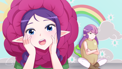 Size: 1280x720 | Tagged: safe, artist:jonfawkes, character:rarity, character:sweetie belle, species:human, episode:forever filly, g4, my little pony: friendship is magic, cute, duo, elf ears, female, flower costume, flowerity, humanized, raribetes, scene interpretation, seedie belle, siblings, sisters, unicorns as elves