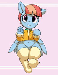 Size: 1280x1638 | Tagged: safe, artist:pabbley, character:windy whistles, species:pegasus, species:pony, belly button, child bearing hips, clothing, cute, female, pabbley is trying to murder us, socks, solo, thigh highs, underhoof, waving, wide hips, windybetes