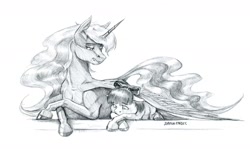 Size: 1500x895 | Tagged: safe, artist:baron engel, character:apple bloom, character:princess luna, species:alicorn, species:earth pony, species:pony, comforting, female, filly, grayscale, mare, missing accessory, monochrome, pencil drawing, prone, sad, simple background, traditional art, white background, wing blanket