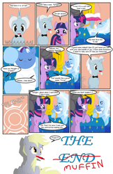 Size: 792x1224 | Tagged: safe, artist:dekomaru, character:derpy hooves, character:trixie, character:twilight sparkle, oc, oc:iniduoh, oc:nebula, parent:trixie, parent:twilight sparkle, parents:twixie, species:pony, species:unicorn, comic:the greatest gift, ship:twixie, baby, baby pony, bed, comic, female, grimdark series, lesbian, magical lesbian spawn, male, mare, offspring, shipping, stallion, suggestive series, swaddling, teleportation, this will end in pain
