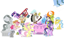 Size: 1093x726 | Tagged: safe, artist:dm29, character:angel bunny, character:chipcutter, character:discord, character:doctor fauna, character:fluttershy, character:maud pie, character:pinkie pie, character:princess flurry heart, character:rarity, character:starlight glimmer, character:sweetie belle, character:thorax, character:trixie, character:twilight sparkle, character:twilight sparkle (alicorn), species:alicorn, species:changeling, species:pony, species:reformed changeling, episode:a flurry of emotions, episode:all bottled up, episode:celestial advice, episode:fluttershy leans in, episode:forever filly, episode:rock solid friendship, g4, my little pony: friendship is magic, anger magic, bottled rage, cinnamon nuts, cup, equestrian pink heart of courage, food, helmet, hug, jalapeno red velvet omelette cupcakes, kite, magic, mining helmet, pizza costume, pizza head, reformed four, shopping cart, simple background, statue, stingbush seed pods, teacup, that pony sure does love kites, that pony sure does love teacups, the meme continues, the story so far of season 7, this isn't even my final form, wall of tags, whammy, white background