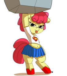 Size: 1280x1461 | Tagged: safe, artist:pabbley, character:apple bloom, character:tom, species:pony, adorabloom, belly button, bipedal, blep, boots, clothing, costume, cute, female, lidded eyes, midriff, miniskirt, rock, simple background, skirt, solo, super strength, superfilly, superman, tongue out, white background