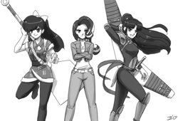 Size: 2000x1363 | Tagged: safe, artist:johnjoseco, character:starlight glimmer, species:human, crossover, female, grayscale, humanized, inuyasha, kelly sheridan, monochrome, ranma 1/2, sango, simple background, trio, trio female, ukyo kuonji, voice actor joke, white background