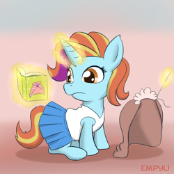 Size: 1000x1000 | Tagged: safe, artist:empyu, character:sassy saddles, species:pony, species:unicorn, 30 minute art challenge, book, clothing, cute, female, filly, glowing horn, magic, mare, reading, sewing, sewing needle, simple background, solo, younger