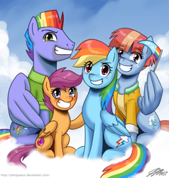 Size: 900x947 | Tagged: safe, artist:johnjoseco, character:bow hothoof, character:rainbow dash, character:scootaloo, character:windy whistles, species:pegasus, species:pony, ship:windyhoof, awkward smile, blushing, clothing, cloud, cute, cutealoo, dashabetes, eye clipping through hair, family, female, filly, grin, looking at you, male, mare, pennant, rainbow dash's parents, scootalove, shirt, sky, smiling, smirk, spread wings, squee, stallion, wing hands, wings