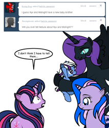 Size: 510x600 | Tagged: safe, artist:dekomaru, character:twilight sparkle, oc, oc:midnight, oc:nebula, oc:nyx, parent:trixie, parent:twilight sparkle, parents:twixie, species:alicorn, species:pony, species:unicorn, tumblr:ask twixie, ask, baby, baby pony, colt, female, holding a pony, lesbian, magical lesbian spawn, male, mare, offspring, older, shipping, simple background, tumblr, white background
