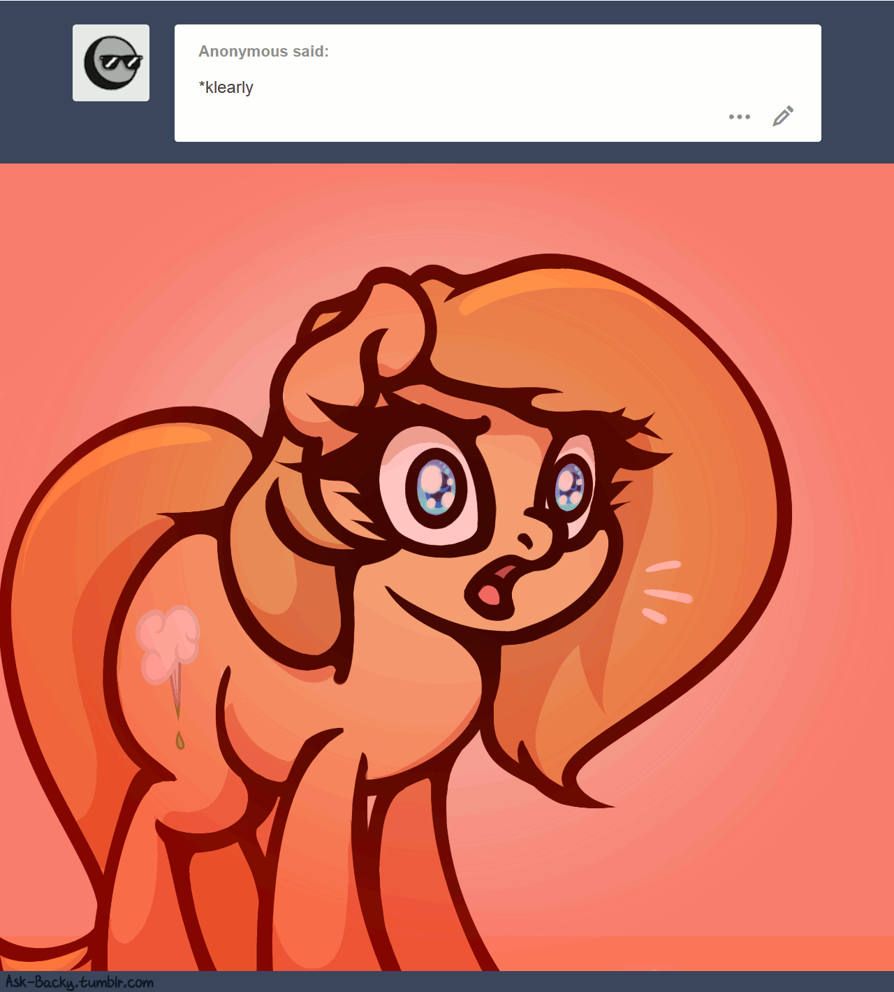 Size: 1280x1420 | Tagged: safe, artist:slavedemorto, oc, oc only, oc:backy, species:pony, animated, ask, gif, meme, reeee, solo, triggered, tumblr, unamused