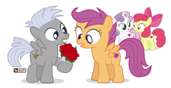 Size: 1050x540 | Tagged: safe, artist:dm29, character:apple bloom, character:chipcutter, character:scootaloo, character:sweetie belle, species:pegasus, species:pony, episode:forever filly, g4, my little pony: friendship is magic, commission, cutie mark crusaders, flower, rose, scootachip, shipping, simple background, transparent background