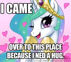 Size: 800x695 | Tagged: safe, artist:johnjoseco, character:princess celestia, bait and switch, bronybait, heart, i came, image macro, implied hug, looking at you, misspelling, open mouth, paraprosdokian, pretty princess, smiling, wink