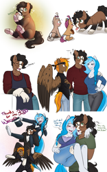 Size: 3500x5623 | Tagged: safe, artist:askbubblelee, oc, oc only, oc:bubble lee, oc:hazel nutt, oc:imago, oc:macadamia nutt, oc:singe, oc:walter nutt, species:anthro, species:earth pony, species:pegasus, species:pony, species:unguligrade anthro, species:unicorn, absurd resolution, anthro oc, anthro with ponies, carrying, close friends, clothing, cute, dialogue, drinking, female, friends, glasses, hat, height difference, male, mare, milestone, size difference, stallion, top hat, trio, tuxedo, unamused