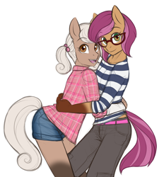 Size: 3500x3883 | Tagged: safe, artist:askbubblelee, oc, oc only, oc:hazel nutt, oc:macadamia nutt, species:anthro, species:earth pony, species:pony, anthro oc, clothing, cute, female, fraternal twins, glasses, looking at you, mare, pants, plaid shirt, shorts, simple background, sisters, smiling, twins, white background