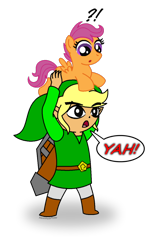 Size: 896x1440 | Tagged: safe, artist:aleximusprime, character:scootaloo, species:chicken, species:pegasus, species:pony, confused, crossover, cucco, lifting, link, nintendo, parody, scootachicken, simple background, the legend of zelda, transparent background