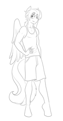 Size: 1069x2048 | Tagged: safe, artist:marauder6272, oc, oc only, oc:jet wave, species:anthro, species:unguligrade anthro, anthro oc, clothing, male, monochrome, shorts, simple background, solo, tank top, white background