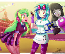 Size: 1796x1504 | Tagged: safe, artist:the-butch-x, character:dj pon-3, character:lemon zest, character:octavia melody, character:vinyl scratch, equestria girls:friendship games, g4, my little pony: equestria girls, my little pony:equestria girls, boombox, canterlot high, cassette player, cassette tape, clothing, colored pupils, crossover, crystal prep academy uniform, cute, decepticon, female, fingerless gloves, frenzy, gloves, headphones, laserbeak, leggings, looking at you, miniskirt, octavia is not amused, open mouth, school uniform, signature, skirt, skywarp, smiling, soundwave, starscream, this will end in tears, thundercracker, transformers, trio, trio female, unamused