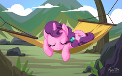 Size: 1920x1200 | Tagged: safe, artist:mysticalpha, character:sugar belle, species:pony, species:unicorn, episode:hard to say anything, g4, my little pony: friendship is magic, cute, eyes closed, female, hammock, mare, mountain, sleeping, solo, sugarbetes