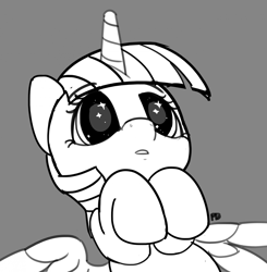 Size: 1280x1307 | Tagged: safe, artist:pabbley, character:twilight sparkle, character:twilight sparkle (alicorn), species:alicorn, species:pony, 30 minute art challenge, cute, female, gray background, hooves to the chest, monochrome, on back, pabbley is trying to murder us, simple background, solo, starry eyes, twiabetes, wingding eyes