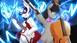 Size: 1280x720 | Tagged: safe, artist:jonfawkes, character:dj pon-3, character:octavia melody, character:vinyl scratch, species:earth pony, species:pony, species:unicorn, bow tie, cello, duo, electric guitar, female, guitar, magic, mare, musical instrument, smiling, sunglasses, the vinyl scratch tapes