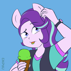 Size: 1000x1000 | Tagged: safe, artist:empyu, character:starlight glimmer, equestria girls:mirror magic, g4, my little pony: equestria girls, my little pony:equestria girls, spoiler:eqg specials, 30 minute art challenge, blue background, clothing, female, food, ice cream, ponied up, pony ears, simple background, solo, tongue out